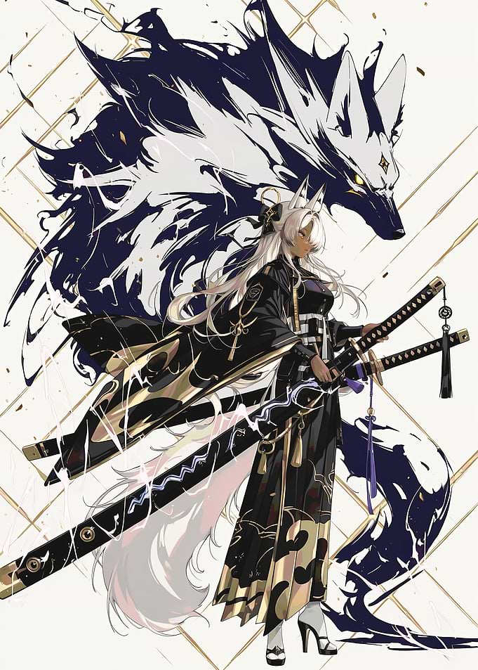 Anime Girl with Wolf Spirit and Swords