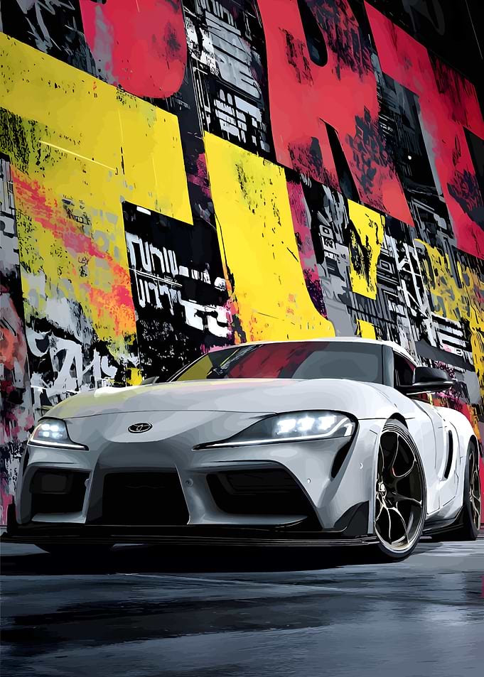 White Toyota Supra with Graffiti Backdrop