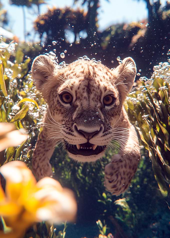Leopard cub swimming underwater close-up