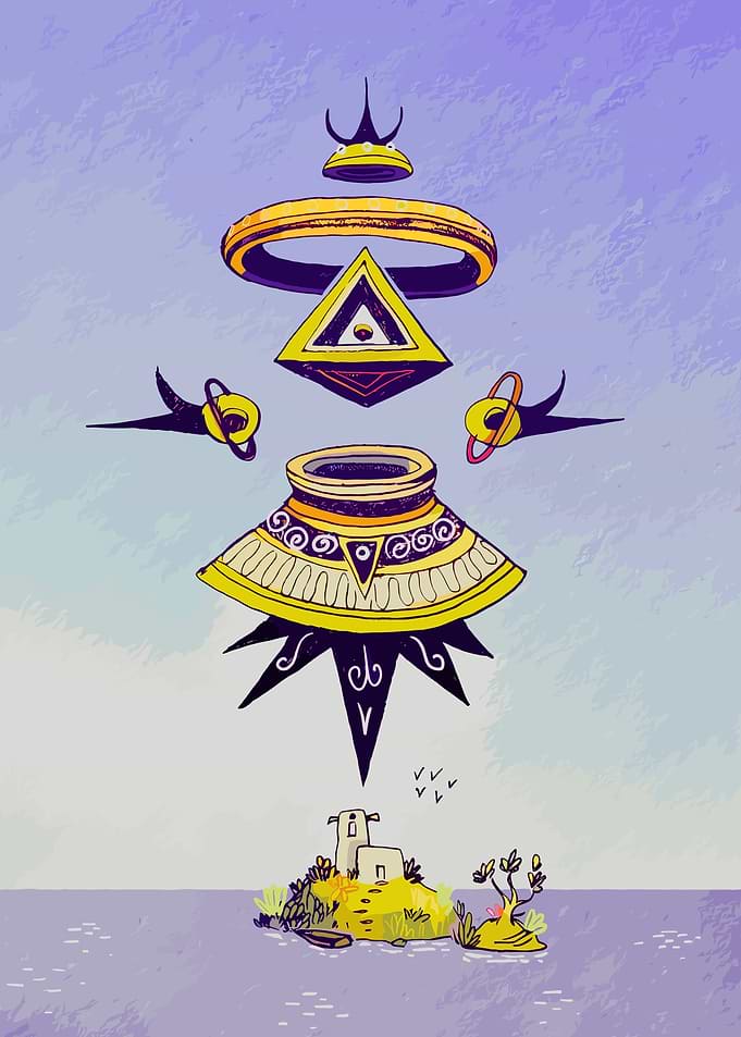 Abstract Island with Floating Geometric Shapes