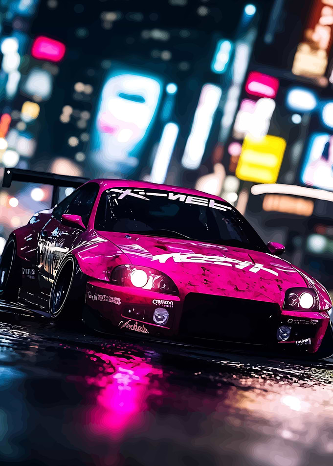 Pink Sports Car in Cityscape at Night