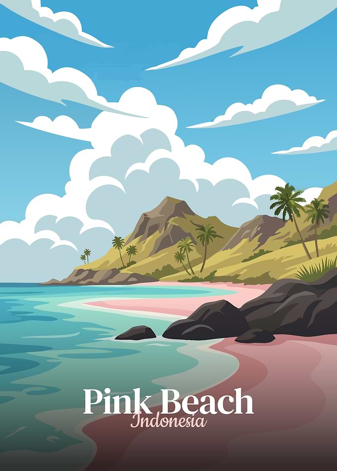 Pink Beach Indonesia Cartoon Landscape