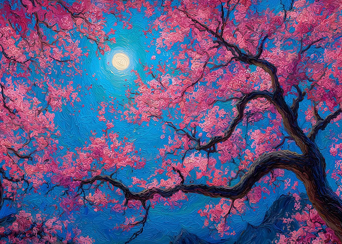 Cherry Blossoms Under Moonlight Painting