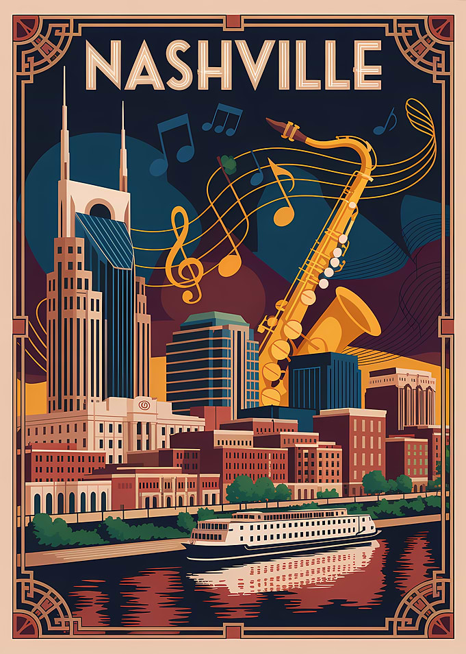 Nashville Cityscape with Saxophone and Music Notes