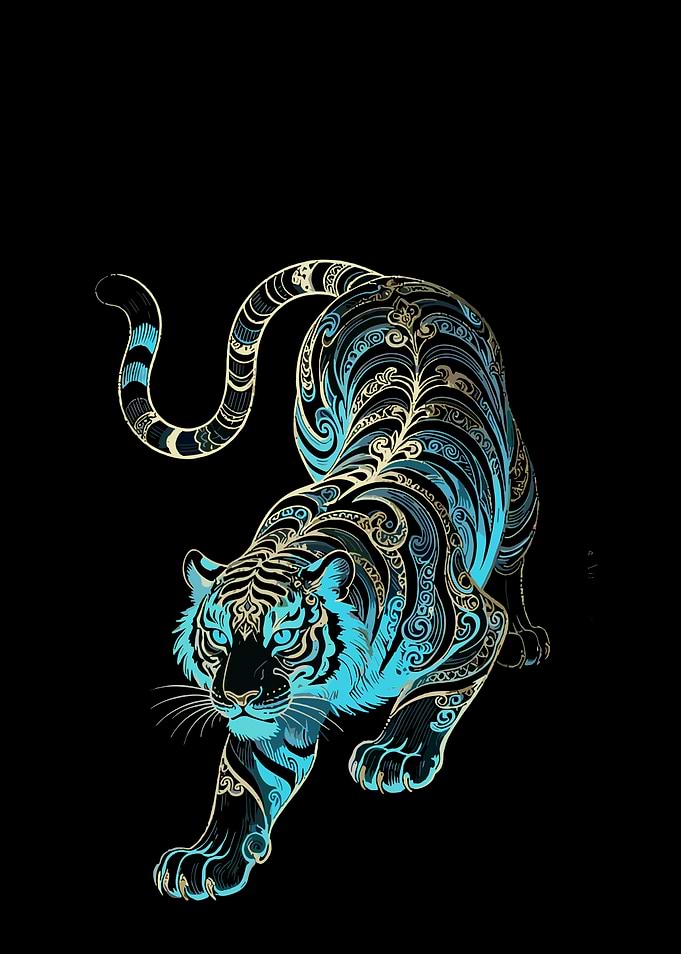 Ornate Blue and Gold Tiger Illustration