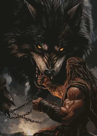 Man Chaining a Giant Wolf