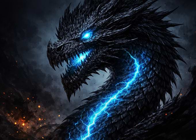 Black Dragon with Blue Lightning