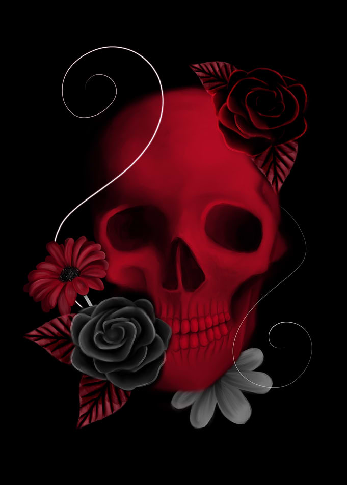 Red Skull with Dark Floral Accents