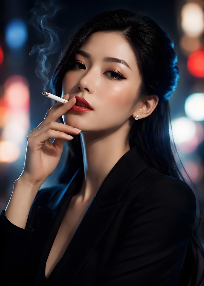 Elegant Japanese Woman Smoking in Cityscape