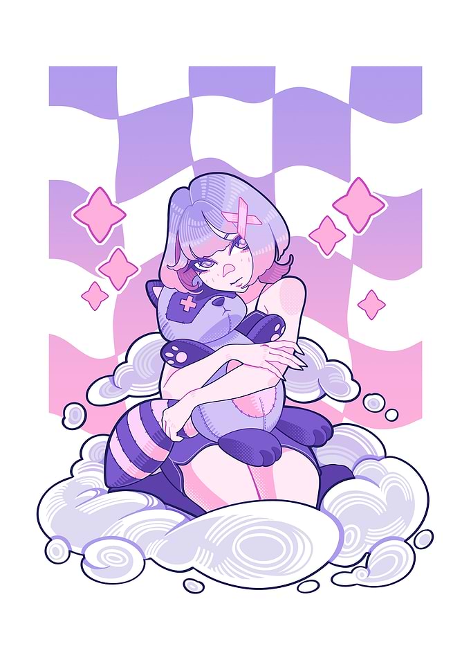 Pastel Girl with Raccoon Plush
