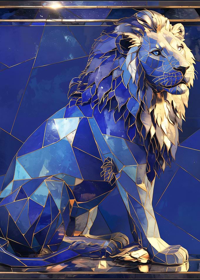 Blue Mosaic Lion Art