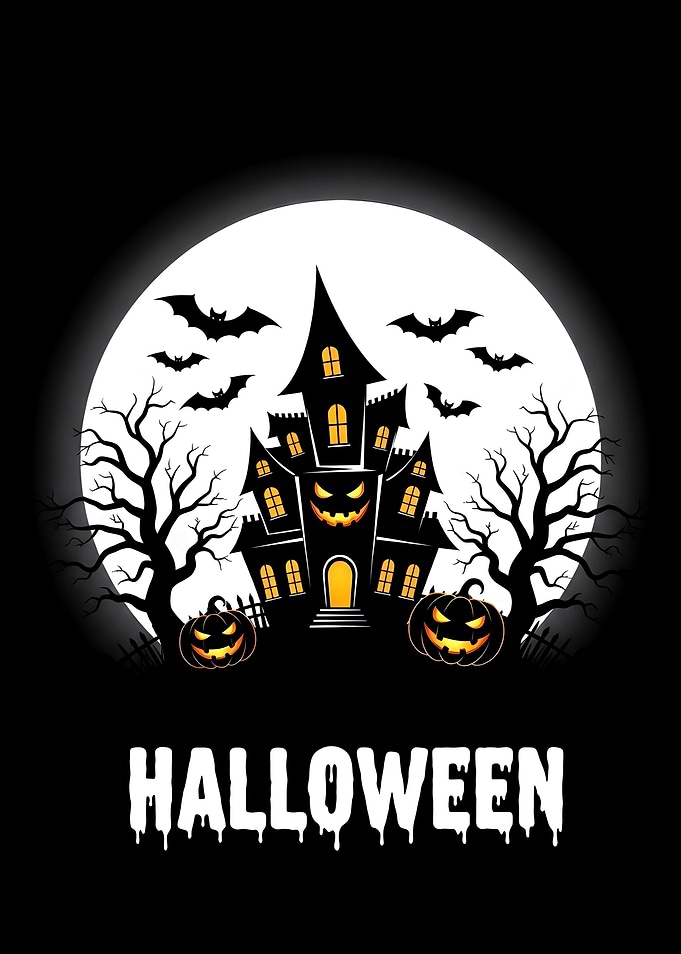 Halloween Haunted House with Moon and Bats