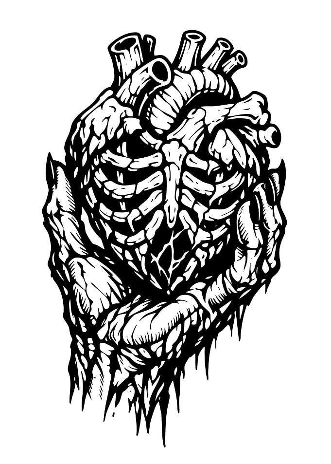 Anatomical Heart Held by Skeletal Hands