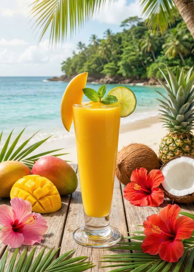 Tropical Mango Smoothie on Beach
