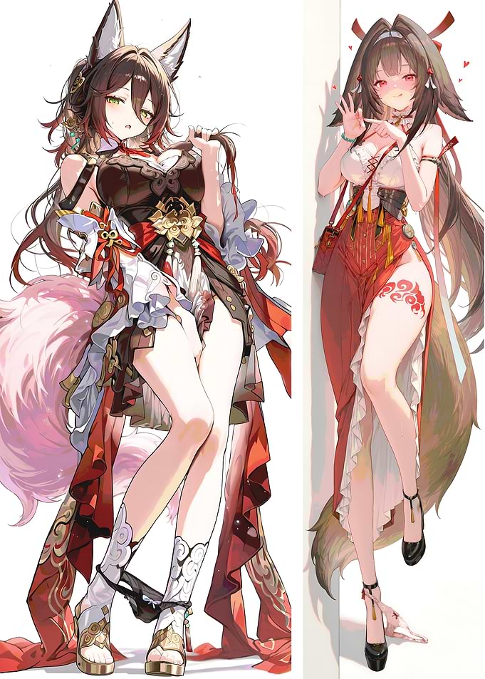Anime Fox Girls in Red Dresses