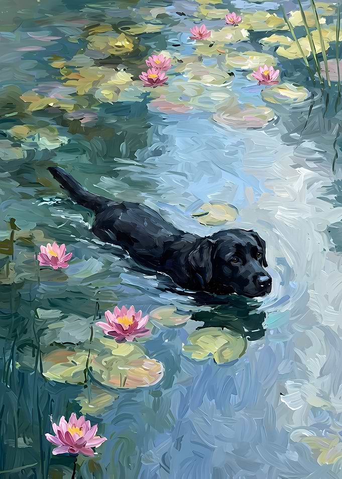 Black Labrador Swimming in Lily Pond Painting