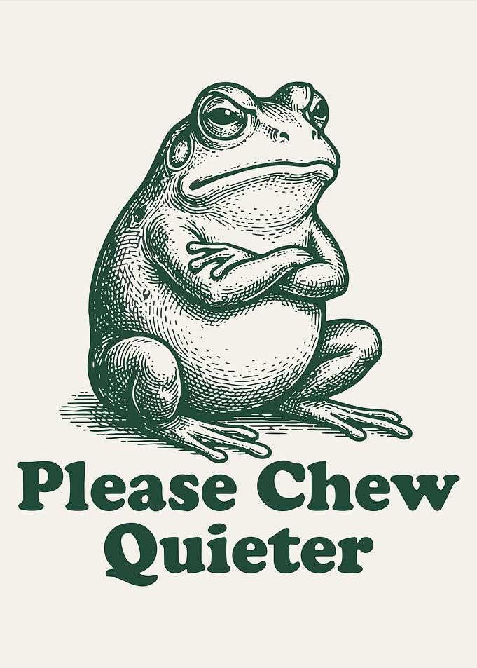 Please Chew Quieter Frog Poster, Grumpy Frog Wall Art, Vintage Animal Illustration Print