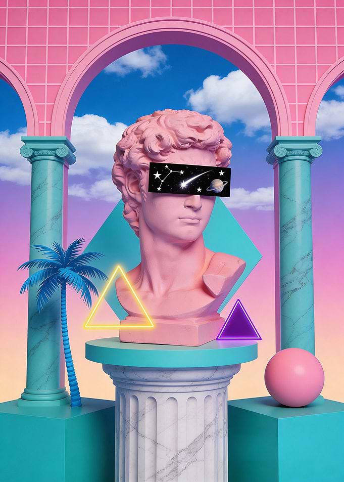 Surreal Vaporwave Bust with Celestial Blindfold