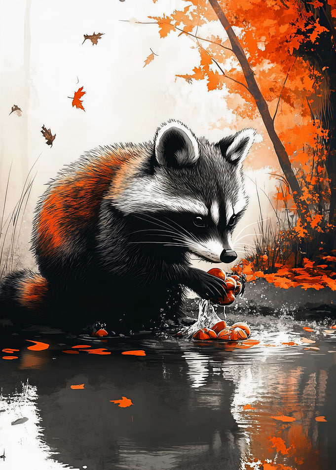 Raccoon Washing Food in Autumnal Setting