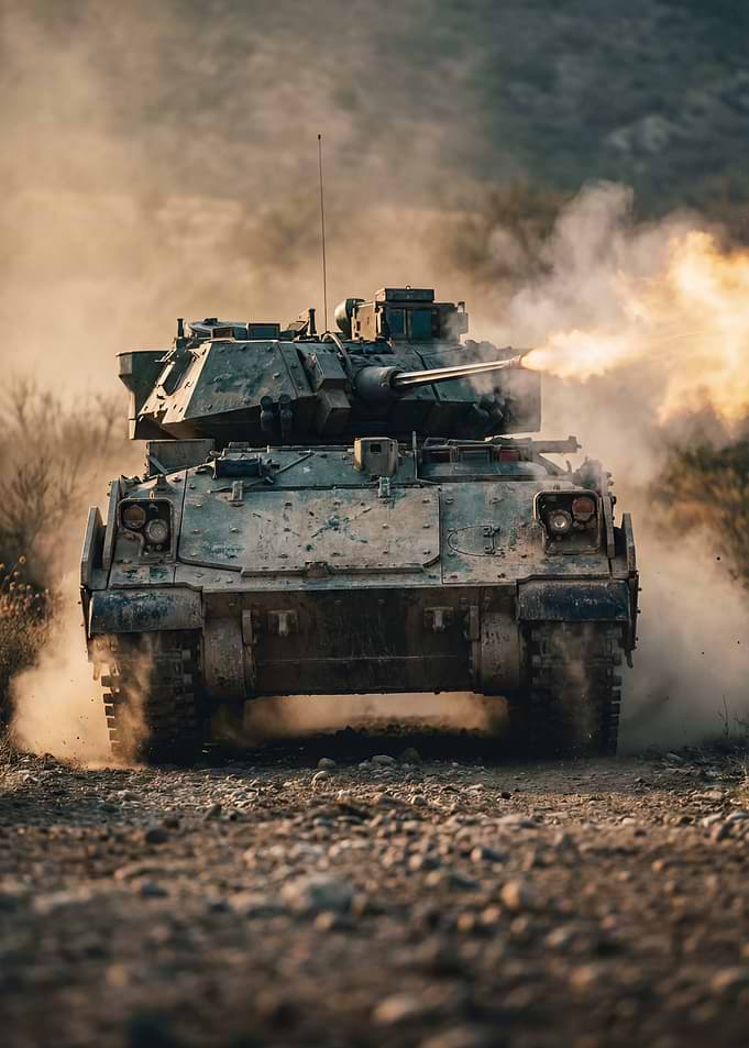 Military Tank Firing on Battlefield