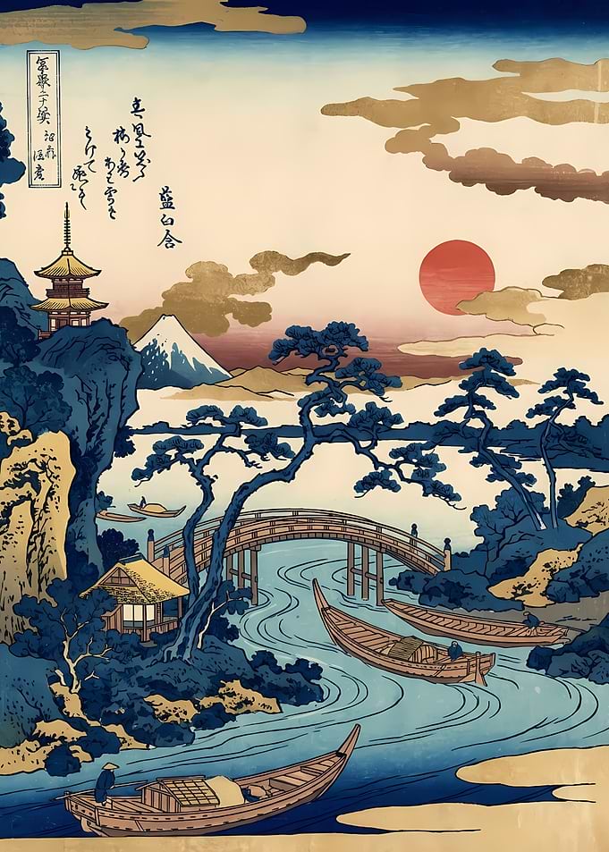 Japanese Landscape with Boats and Bridge