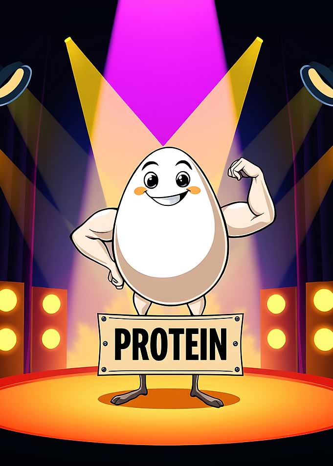 Cartoon Egg with Muscles and Protein Sign