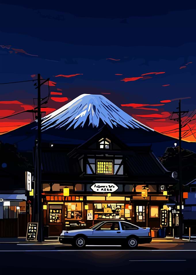 Japanese Building with Car and Mountain