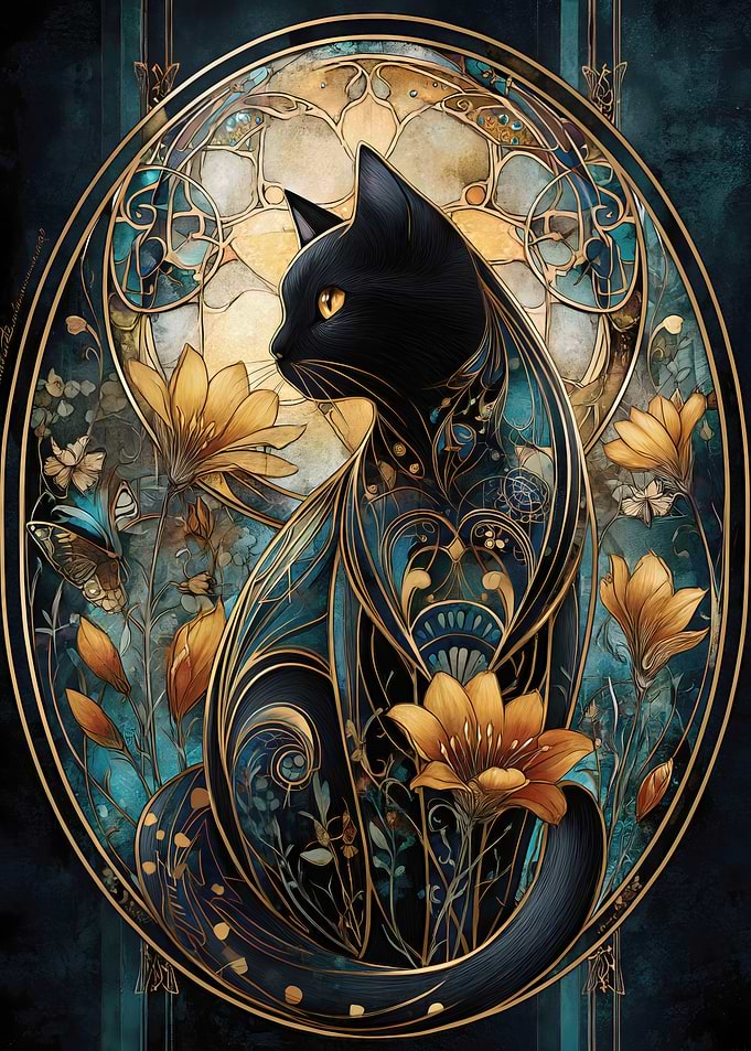 Elegant Black Cat Art Nouveau
