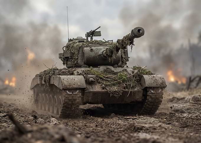 Camouflaged Tank in Battlefield