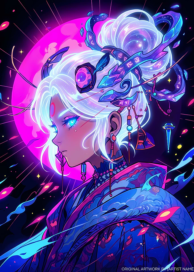 Neon Anime Girl with Cosmic Hair