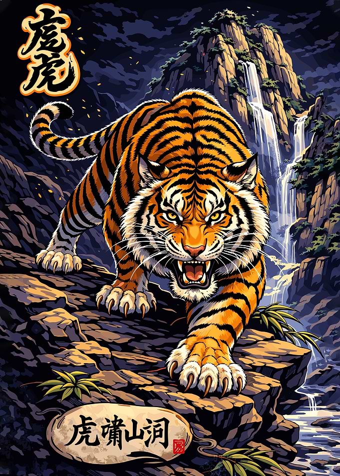 Roaring Tiger in Mountain Landscape