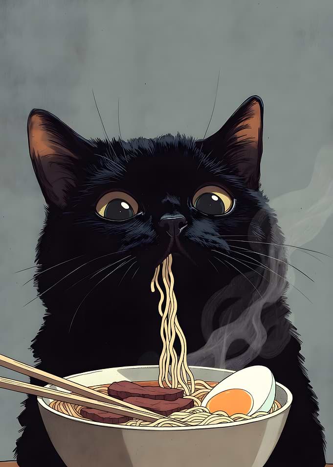 Black Cat Eating Ramen Illustration