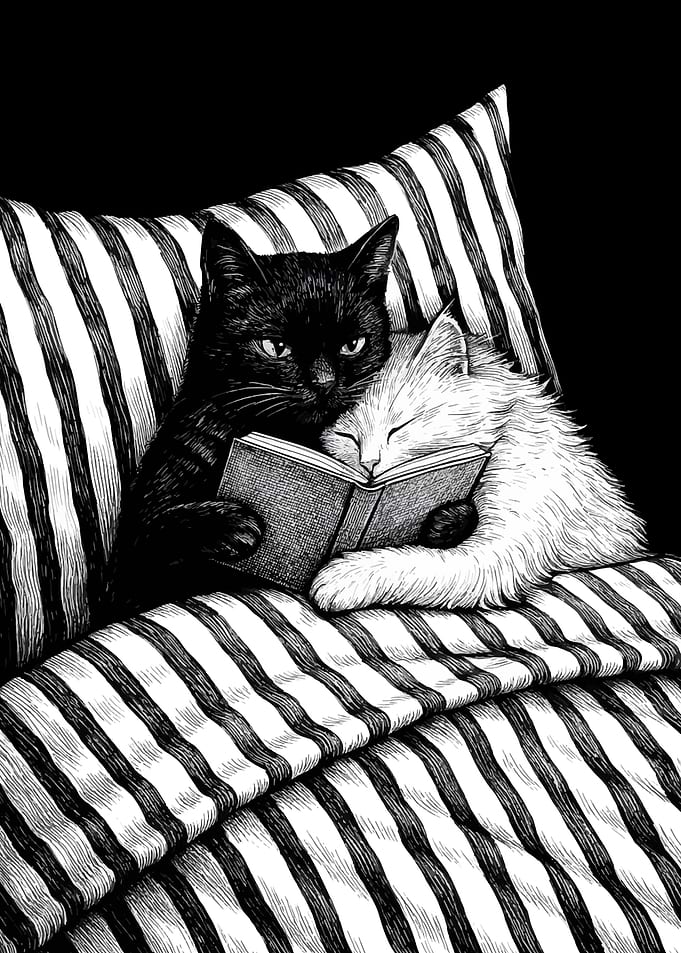 Cats Reading in Bed Illustration