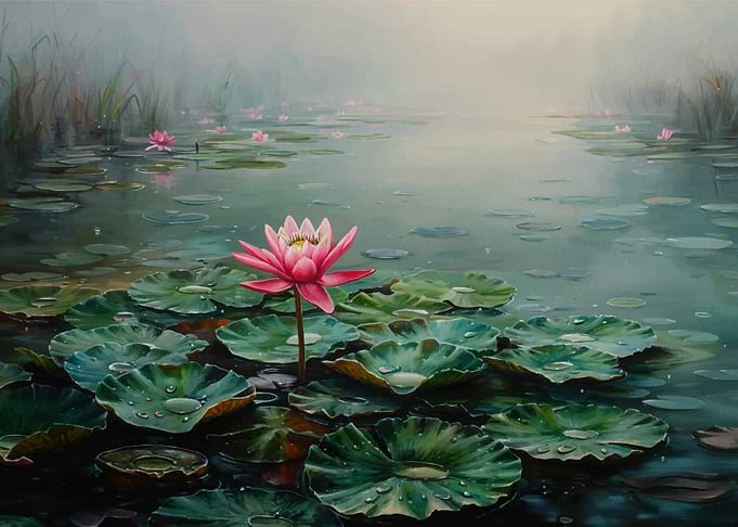 Pink Water Lily Pond Painting