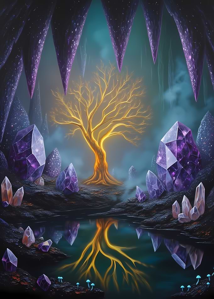 Crystal Cave with Golden Tree Reflection