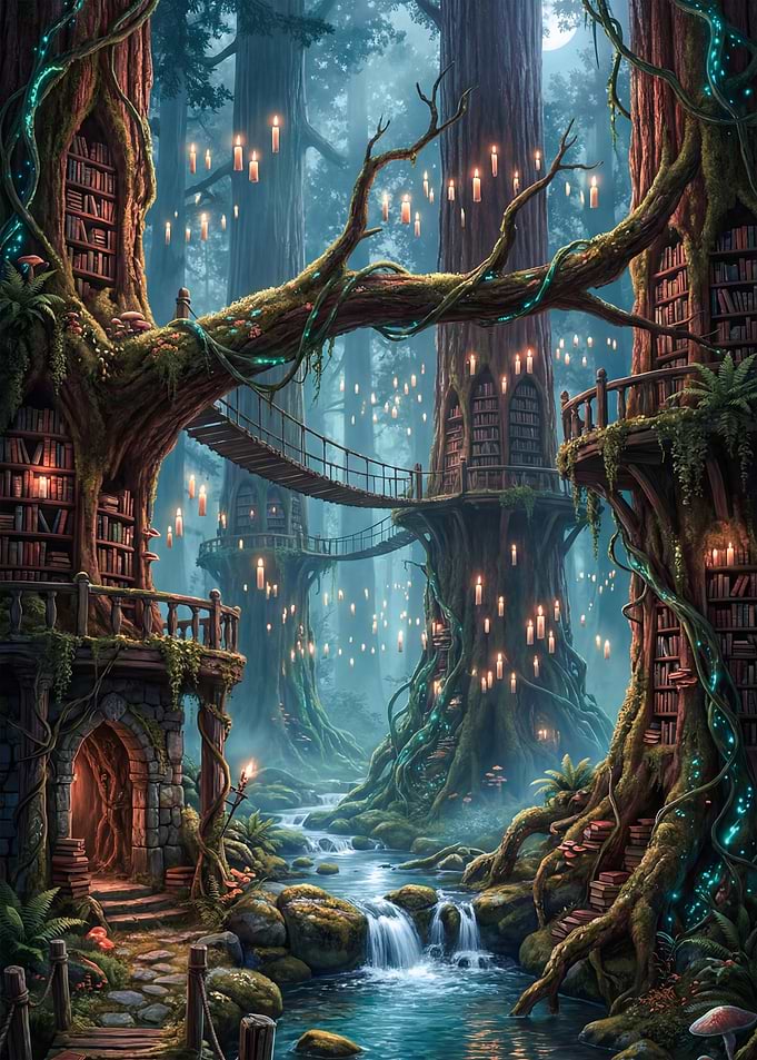 Enchanted Forest Library with River