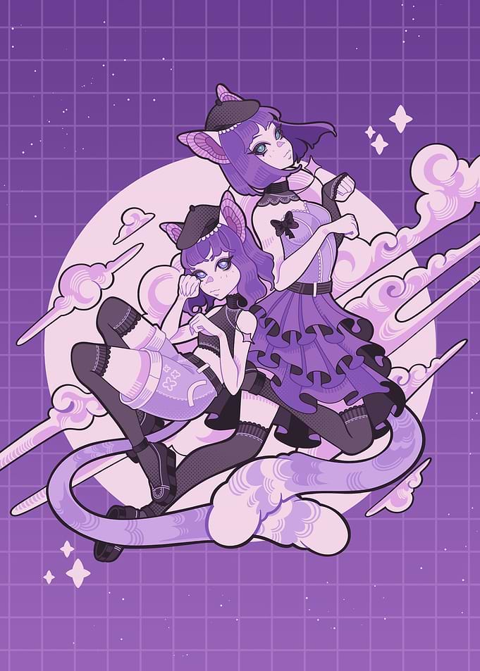 Anime Cat Girls in Purple Hues