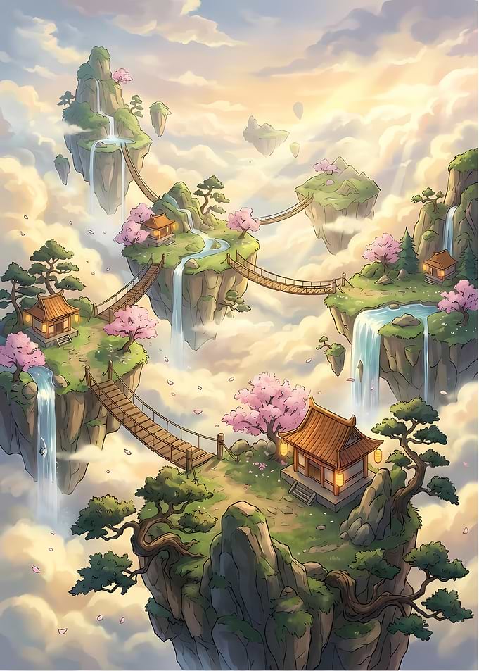 Floating Islands with Asian Architecture