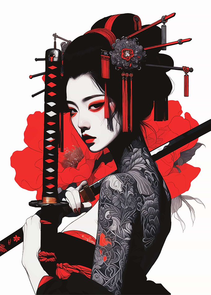 Geisha with Sword and Floral Tattoo