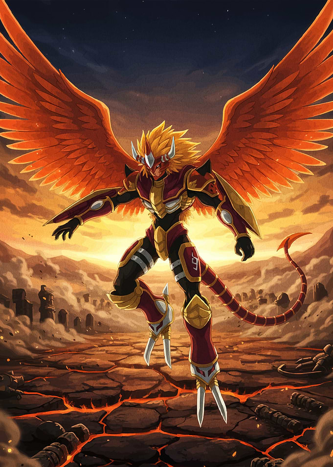 Winged Warrior in a Fiery Landscape