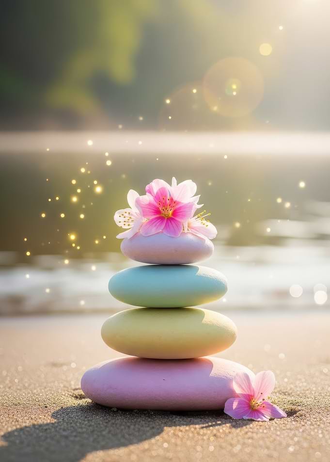 Pastel Stones and Flowers on Beach