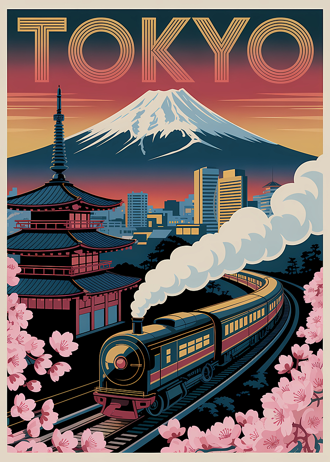 Tokyo Vintage Travel Poster with Train