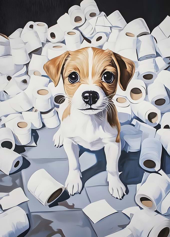 Puppy in Toilet Paper Mountain