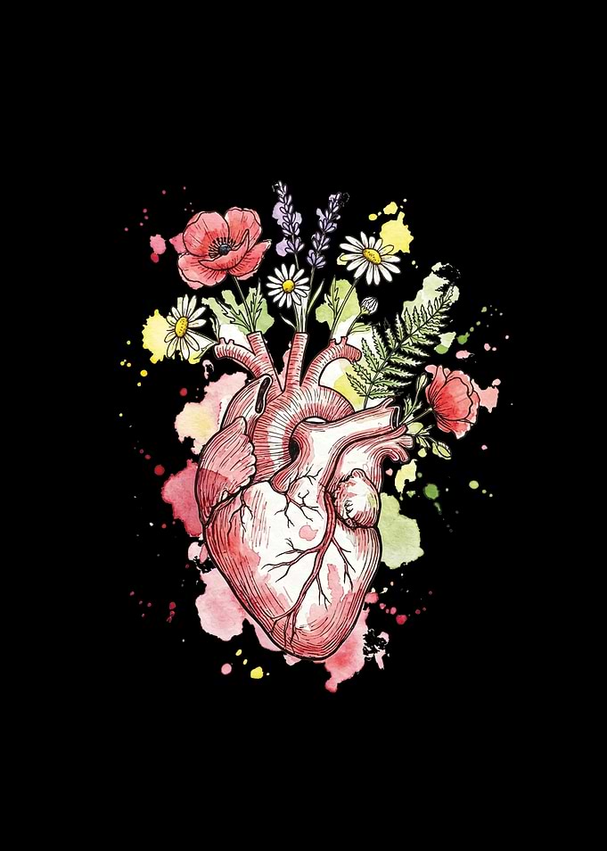 Anatomical Heart with Flowers Watercolor Art