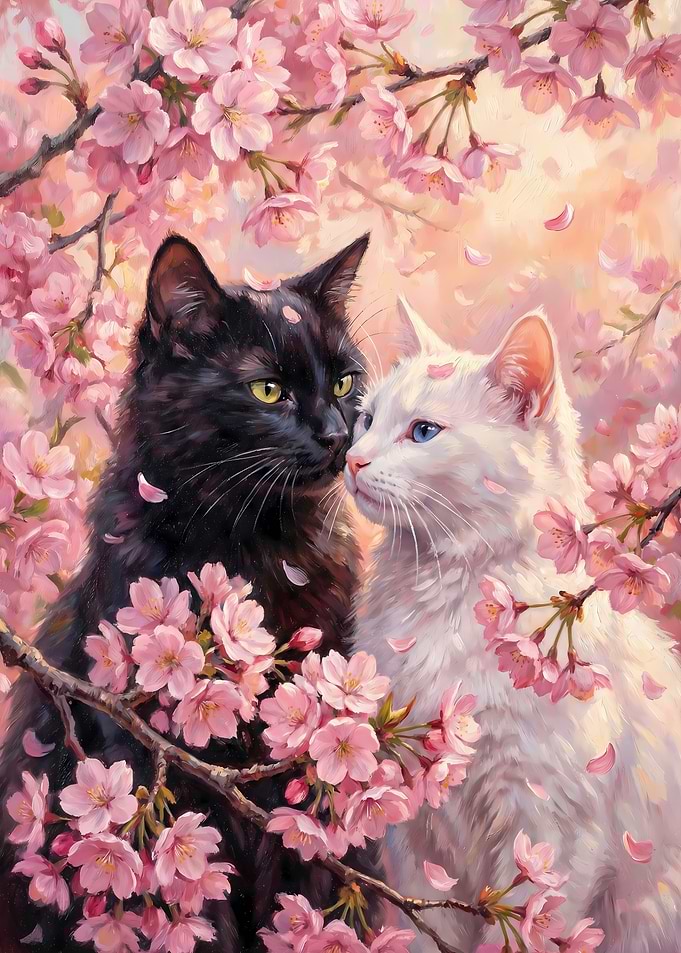 Love Cats Couple in Cherry Blossoms