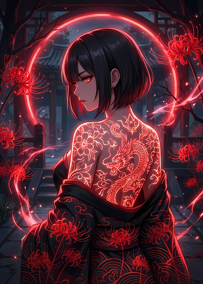 Anime Girl with Dragon Tattoo and Kimono