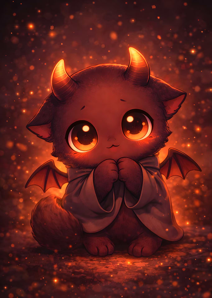 Cute Devilish Kitten Digital Art with Warm Glowing Eyes