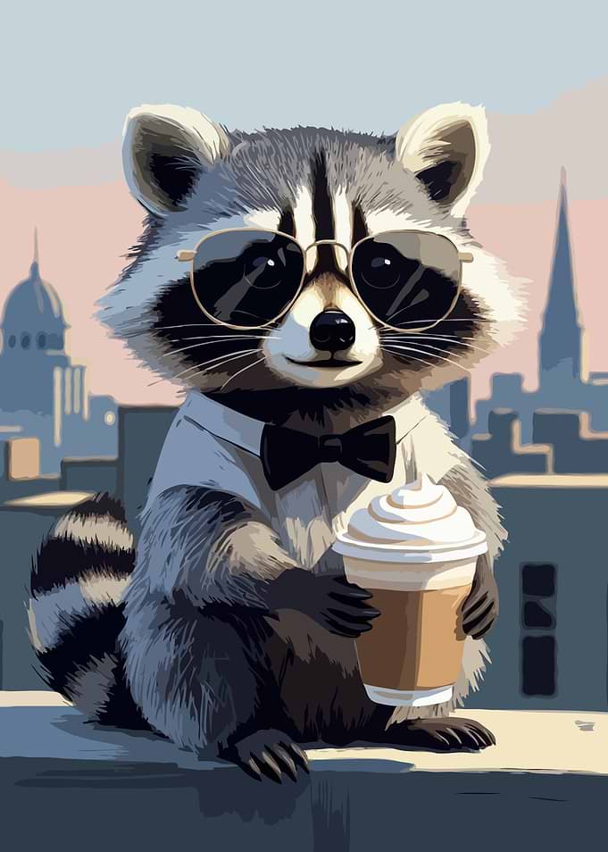 Dapper Raccoon with Coffee on Rooftop