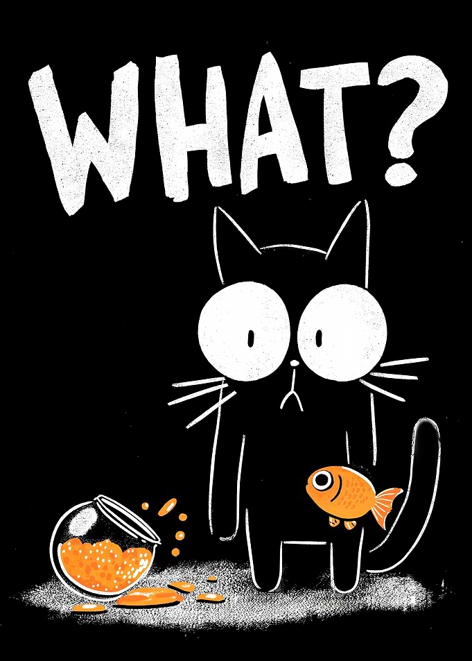 Cartoon Cat with Goldfish and Spilled Bowl