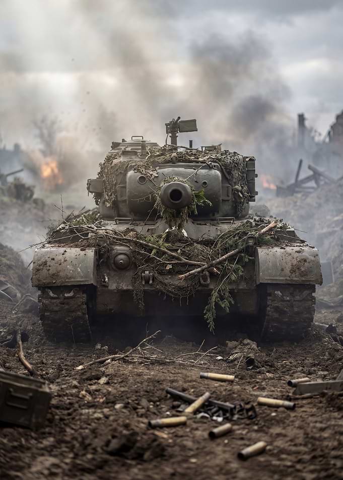 Camouflaged Tank in War Zone